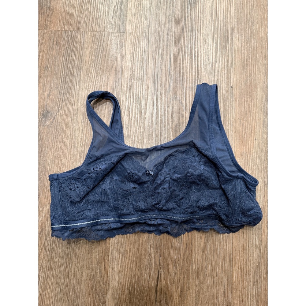 Cacique‎ Navy Blue Lace Mesh Wireless Bralette Hook Back Plus Size 14/16